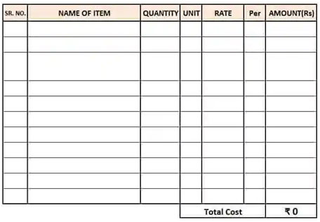 Sample of the bill of quantity