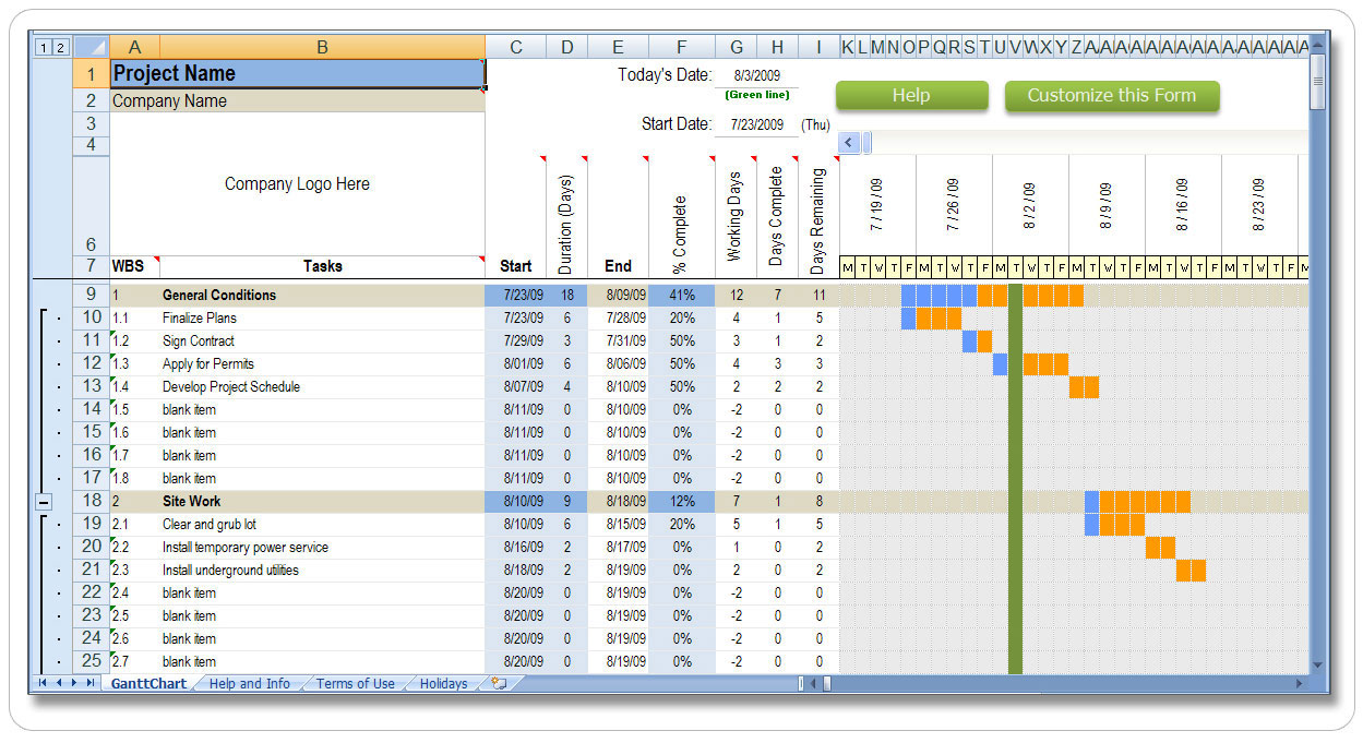 Construction Schedule using Excel Template