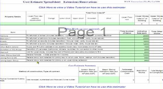 Cost Estimate Spreadsheet - Extension and Renovation