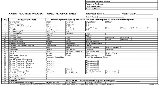 New Home Construction Bid Sheet