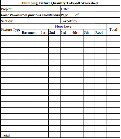 	
Plumbing Fixture Quantity Takeoff Sheet