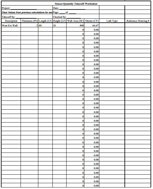 Stucco Quantity Takeoff Sheet